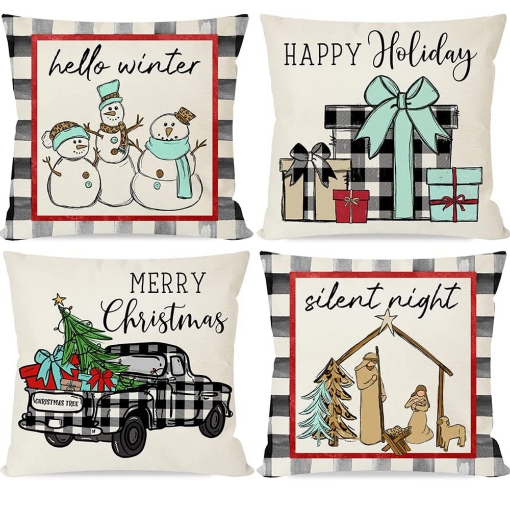 Black Buffalo Plaid Check Christmas PILLOW COVERS 18x18 Set of 4 for Home